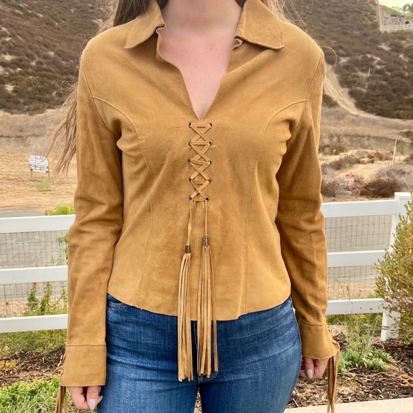 Vintage Paolo Santini 100% Suede Leather Lace Up Bohemian Long Sleeve Top - Picture 3 of 15
